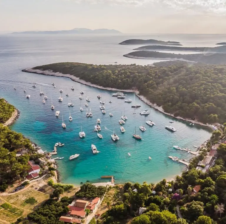 Sailing and motor boats in Vinogradisce Bay in Dalmatia in Croatia